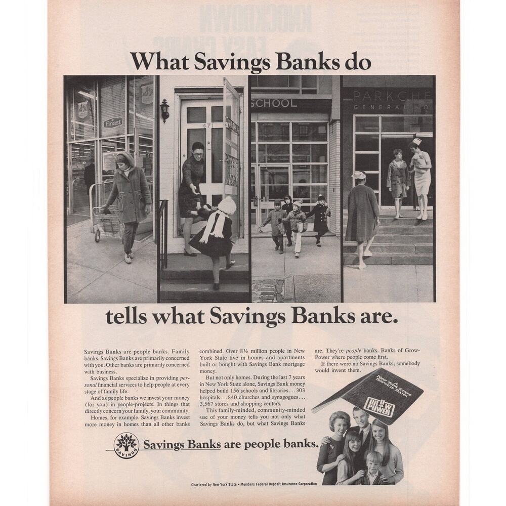 Savings Bank Advertisement 1960s Vintage Finance Banking Family Library Hospital